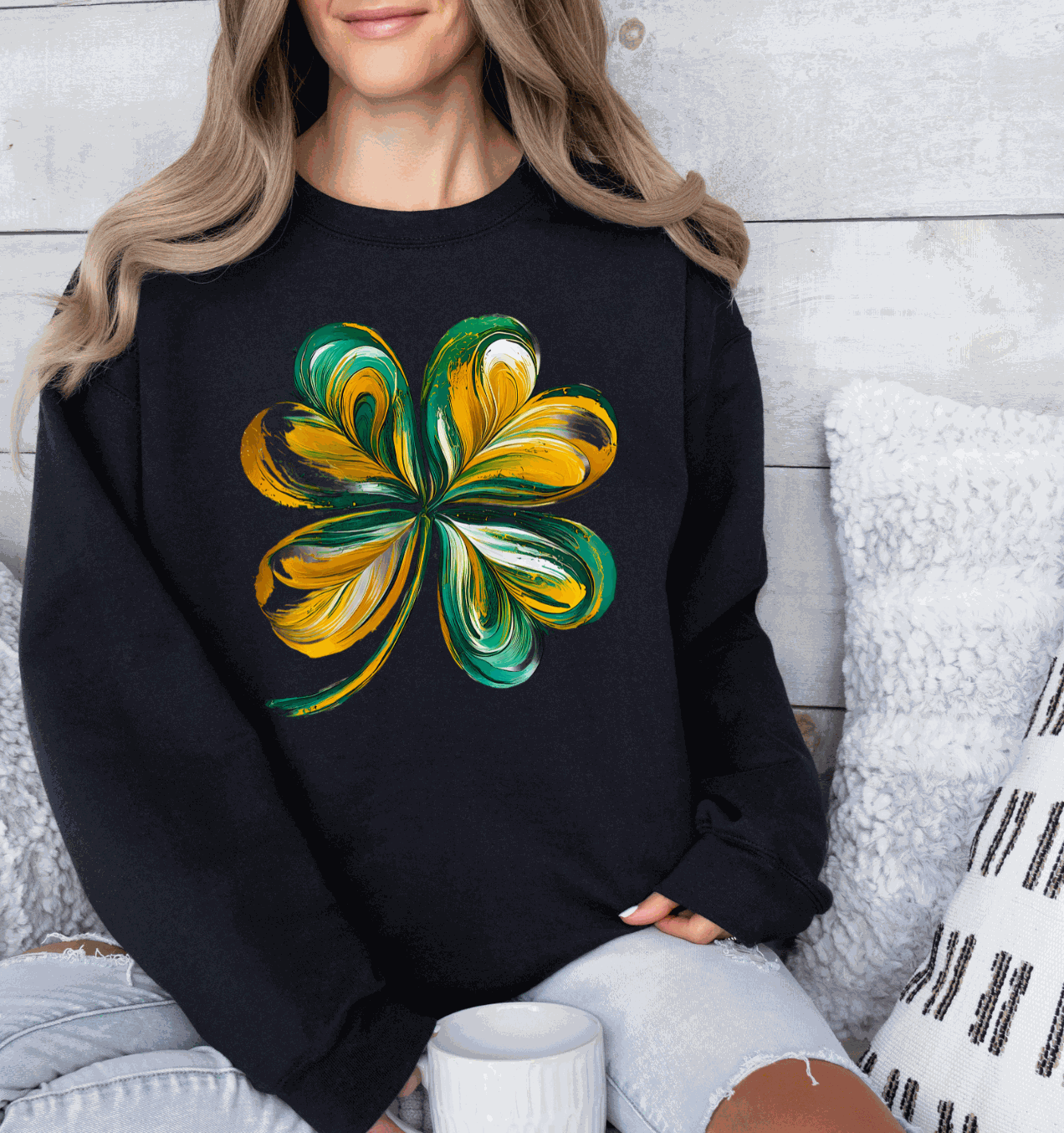 Gold Swirl Shamrock design on a festive St Patrick's Day shirt