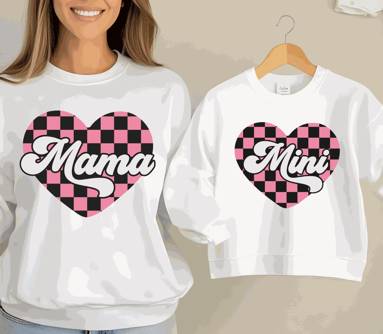 Mama (Checked Heart) matching shirt set for mom and child with heart pattern