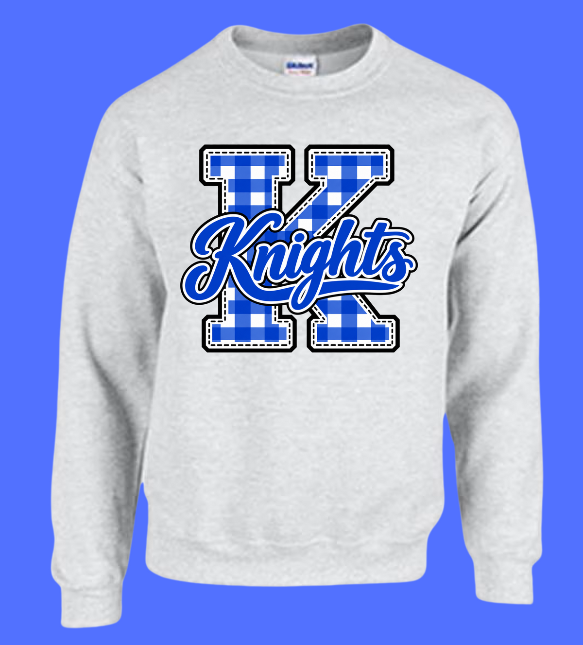 Ash gray sweatshirt featuring a royal-blue and white checkered K with Knights script lettering