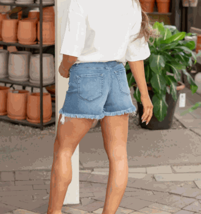 Zenana- Mid Rise Raw Frayed Hem Denim Shorts