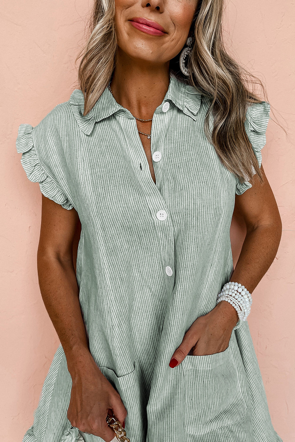 Green Stripe Frilled Sleeveless Mini Dress