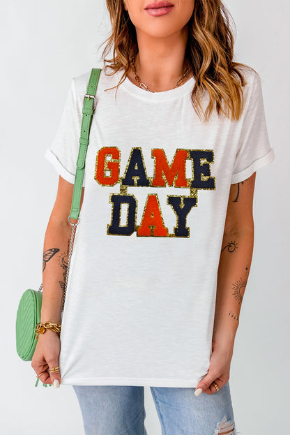 White GAME DAY Glitter Detail Round Neck T Shirt