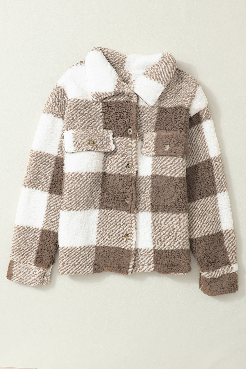 Khaki Plaid Buttoned Collared Sherpa Jacket