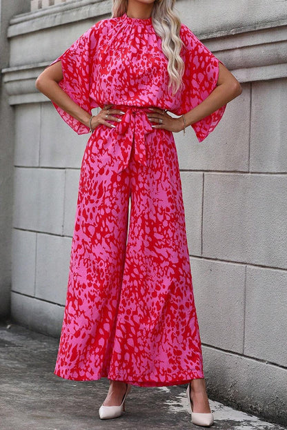 Rose Leopard Print Flounce Sleeve Belted Wide Leg Jumpsuit