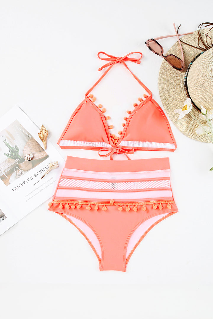 Pink Mesh Contrast Pom Details High Waisted Bikini Swimsuit