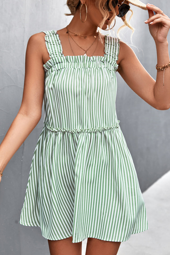 Green Stripe Ruffled Edge Patchwork Suspender Mini Dress