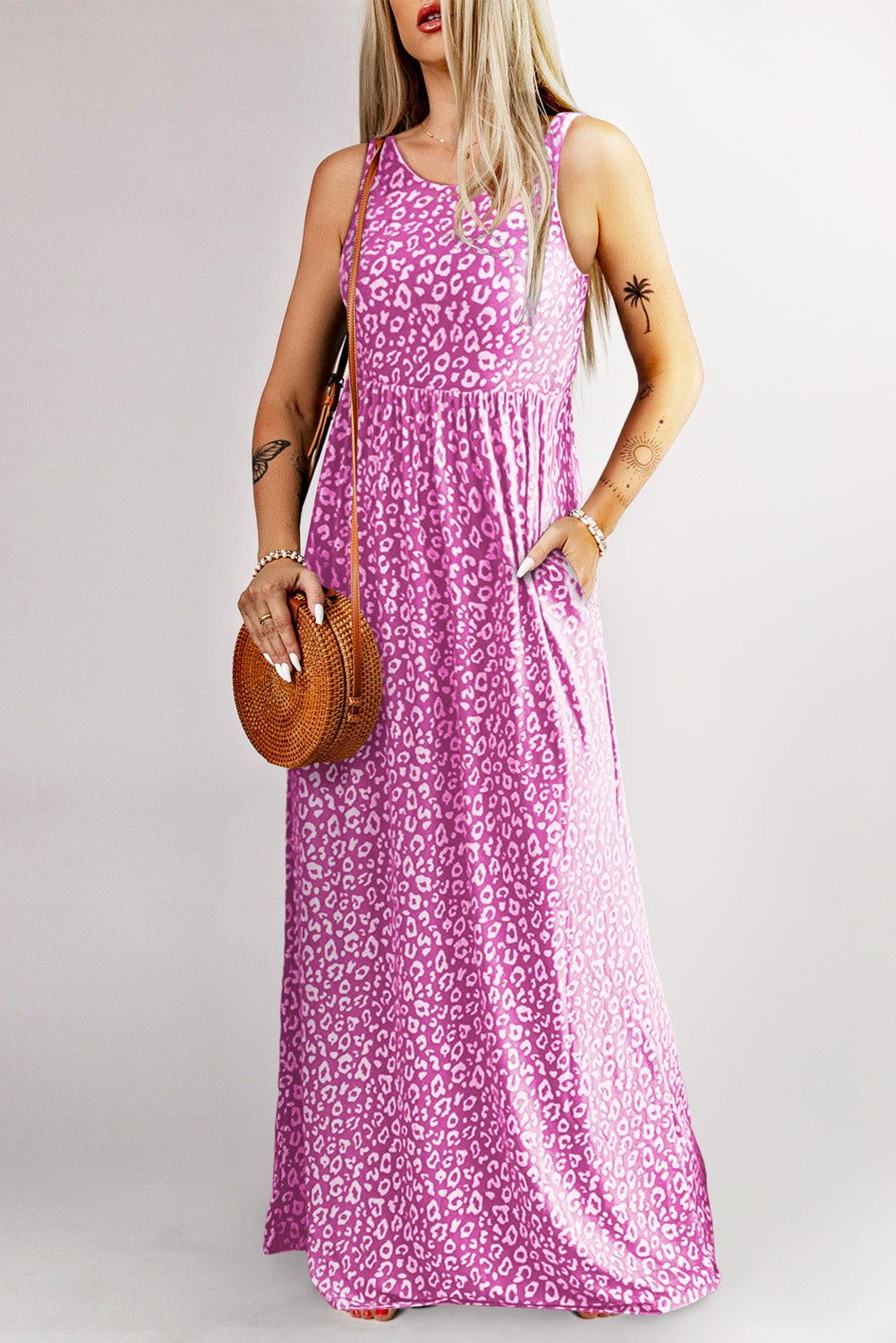 Pink Sleeveless Floor Length Leopard Print Dress