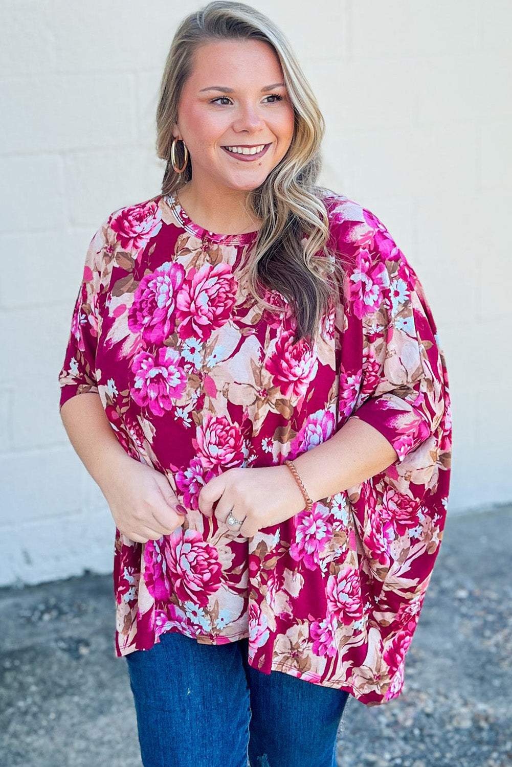 Red Floral Print Half Sleeve Blouse