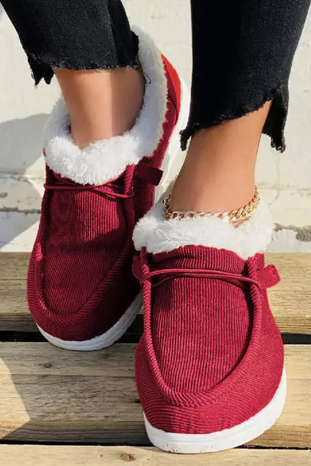 Fiery Red Lace up Corduroy Fur Lined Slip on Shoes