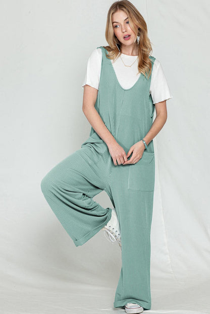 Dark Grey Green Pockets Oversized Ribbed Wide Leg Jumpsuit