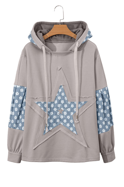 Beau Blue Floral Patchwork Star Pattern Drawstring Hoodie