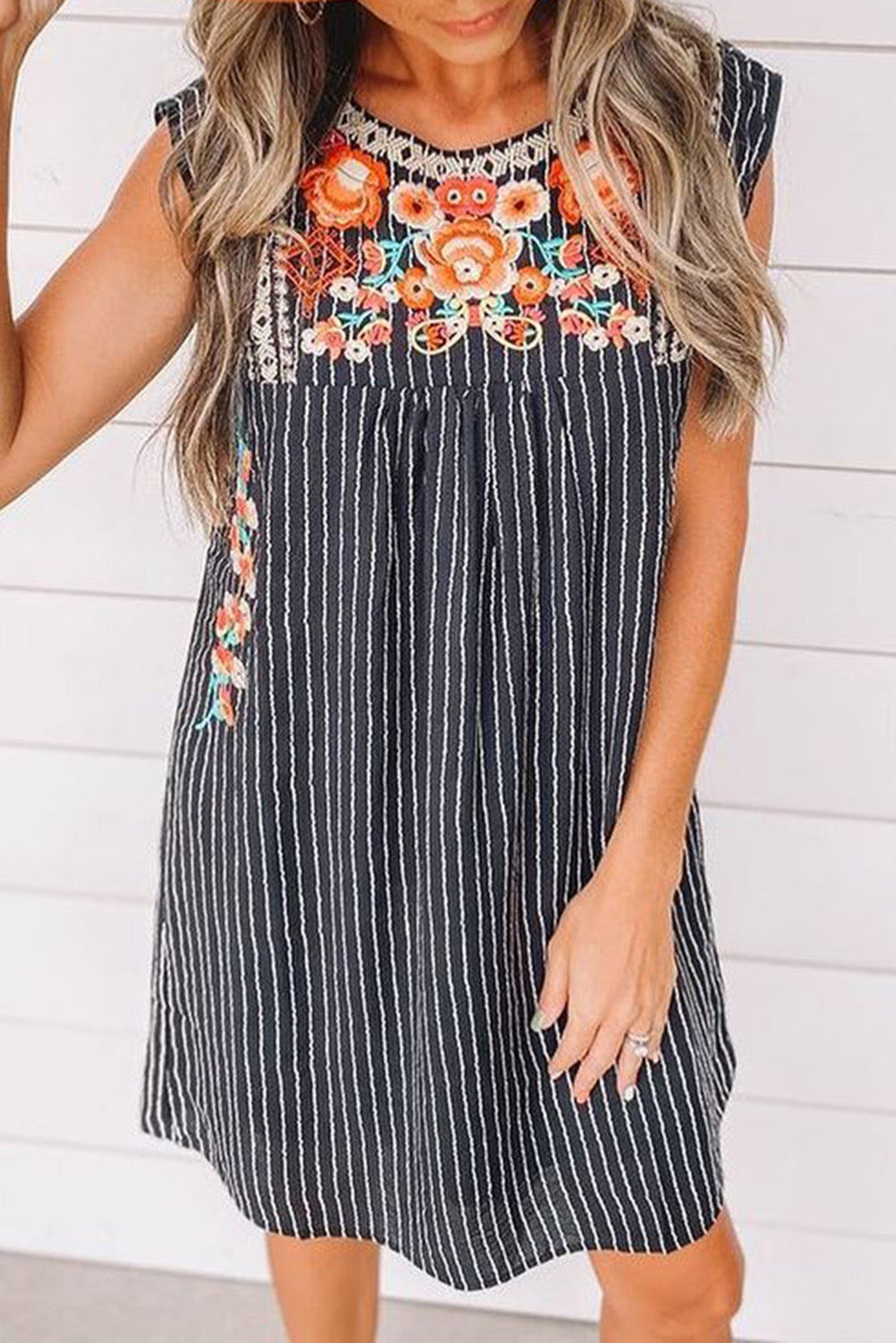 Navy Blue Boho Striped Cap Sleeve Dress