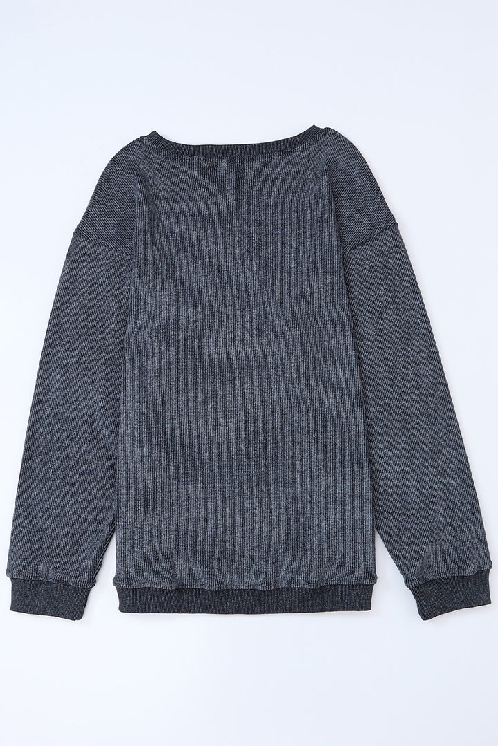 Khaki Solid Ribbed Round Neck Pullover Sweatshirt