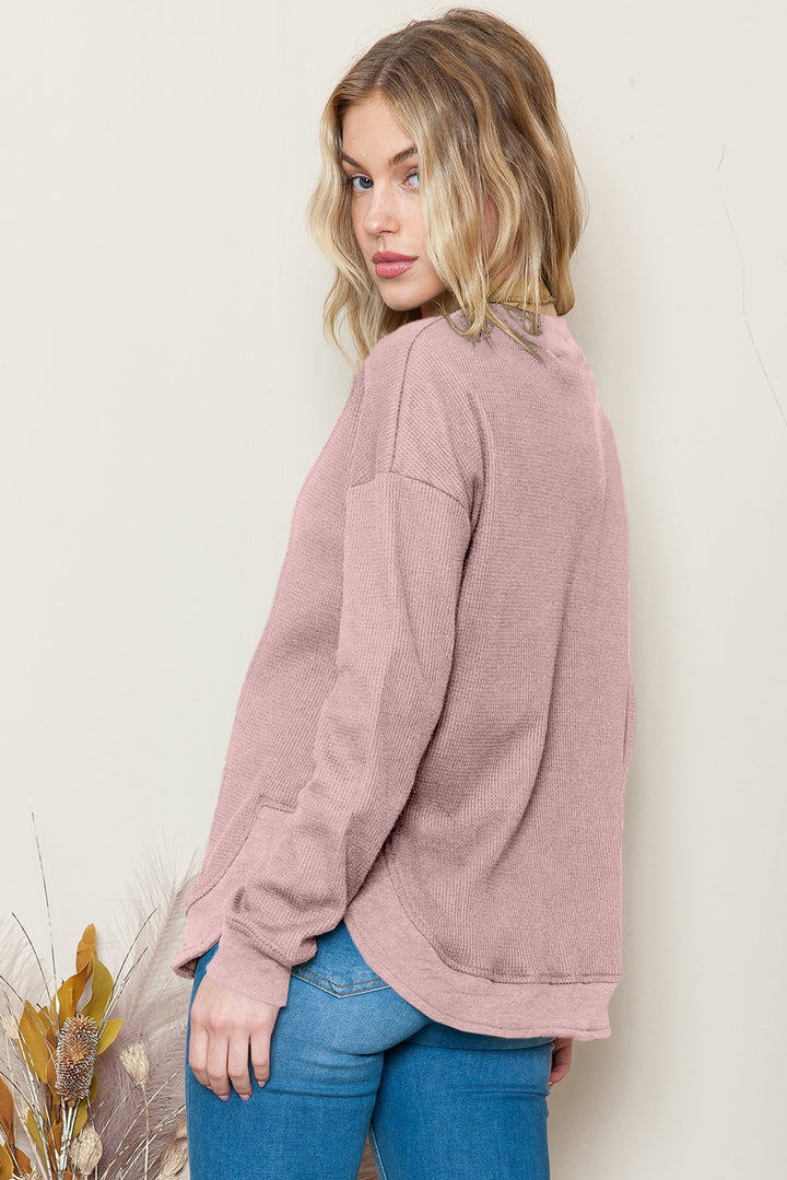 Apricot Crew Neck Ribbed Trim Waffle Knit Long Sleeve Top