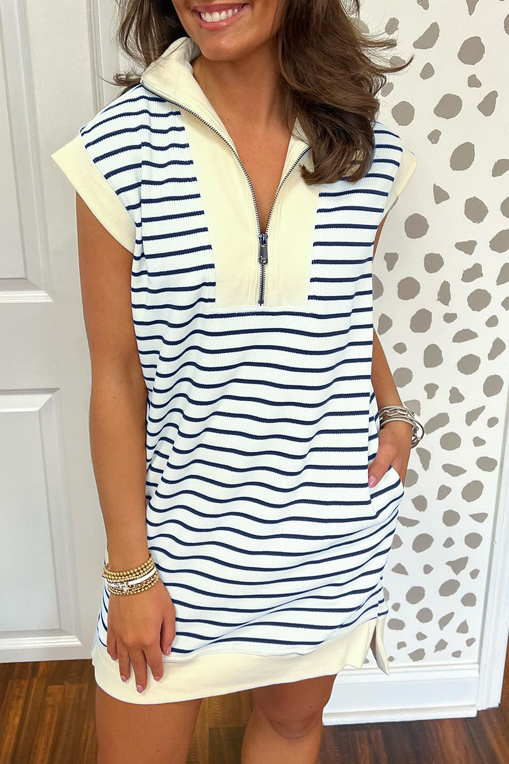 Navy Blue Striped Quarter Zip Collar Cap Sleeve Mini Dress