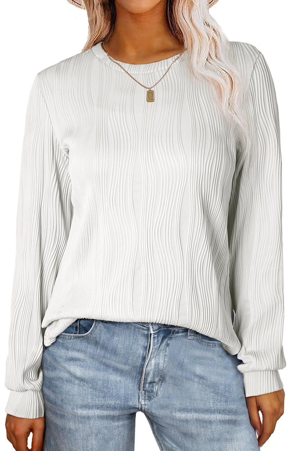 White Wavy Textured Solid Color Drop Shoulder Pullover Top