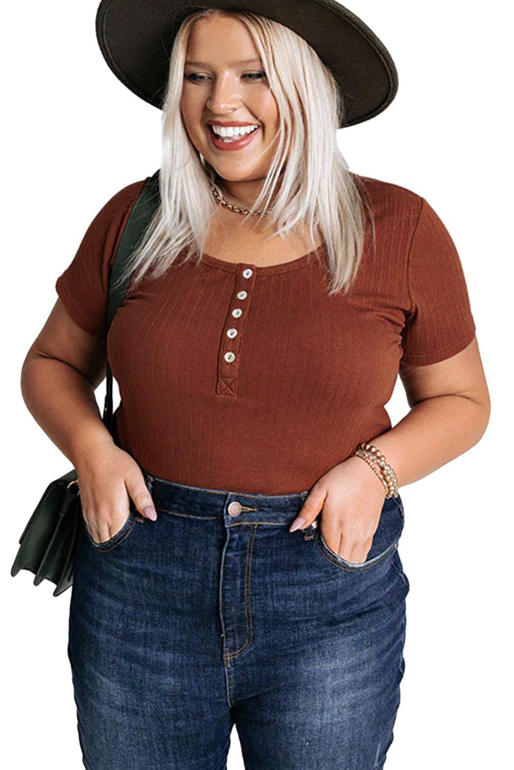Chestnut Solid Color Plus Size Ribbed Knit Henley Tee