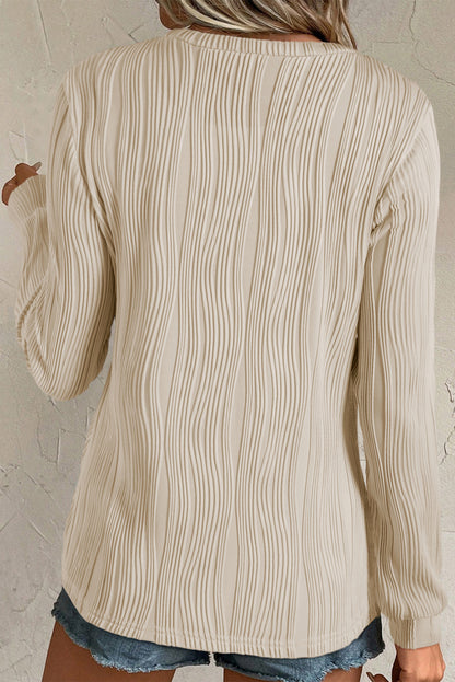 White Wavy Textured Solid Color Drop Shoulder Pullover Top