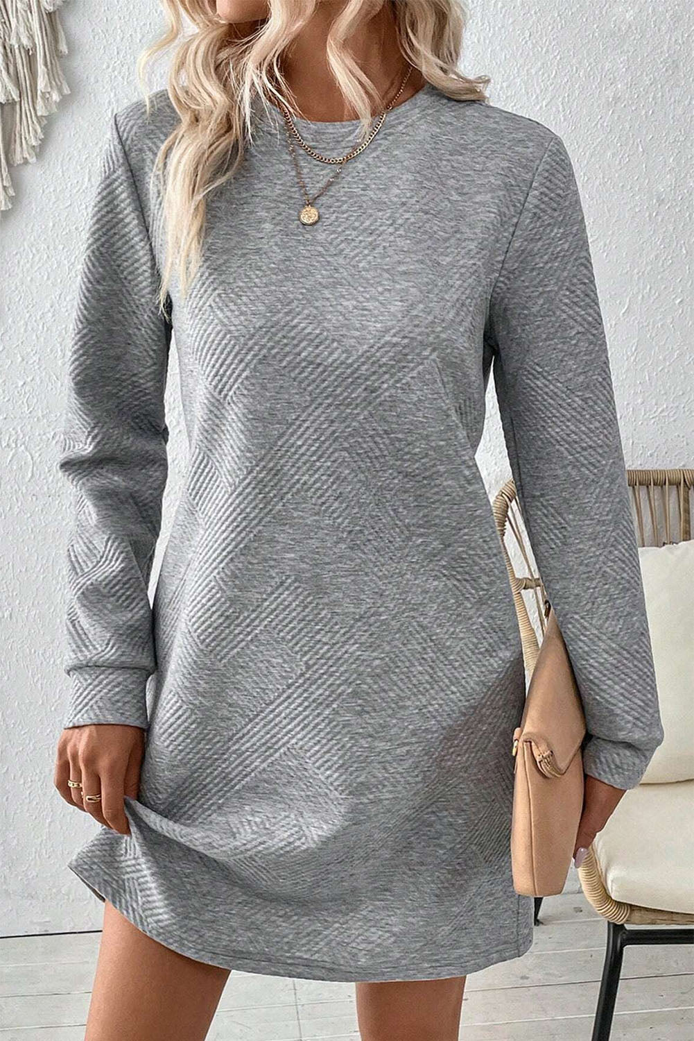 Apricot Plain Textured Long Sleeve Shift Short Dress