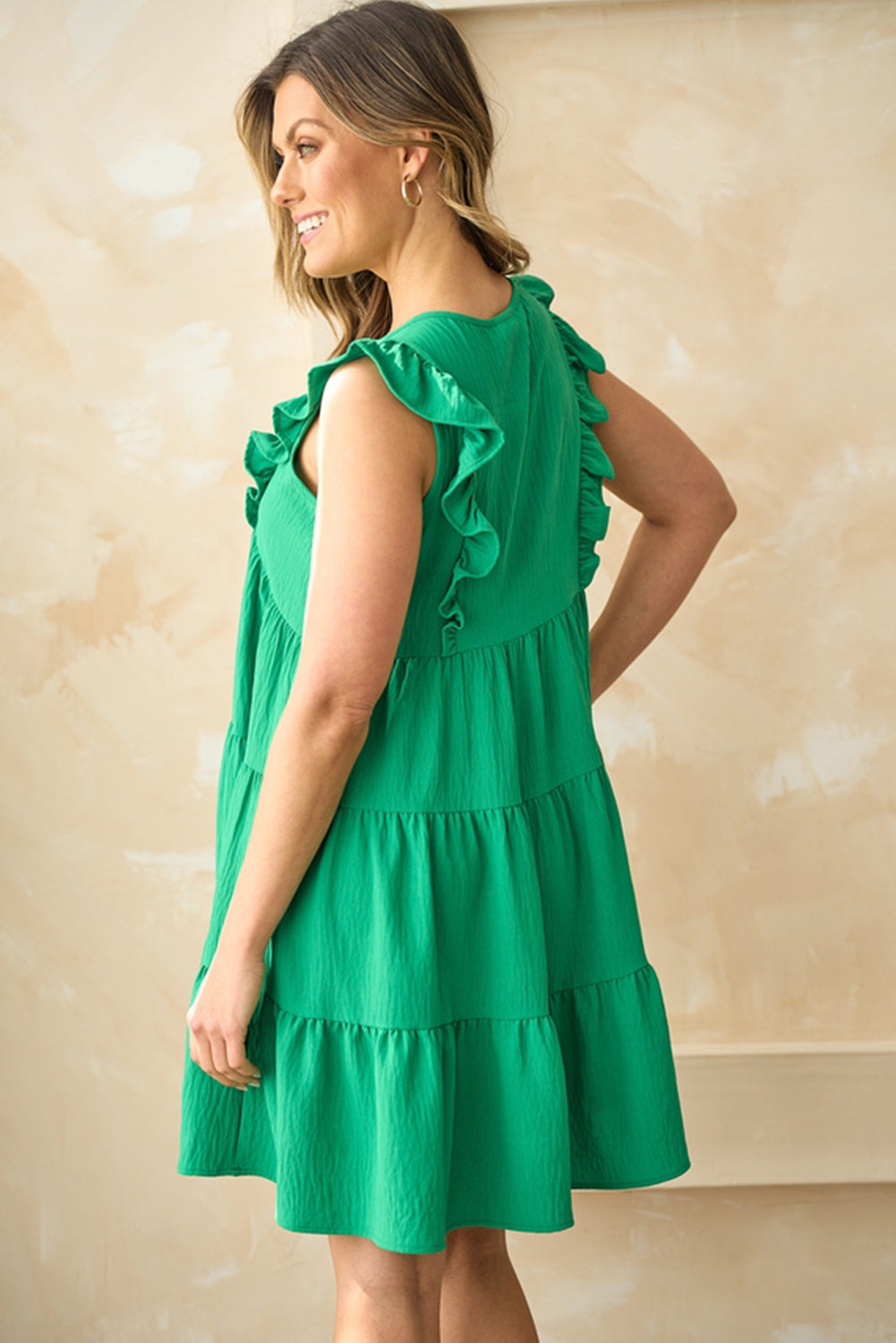 Bright Green V-Neck Ruffle Tiered Mini Dress
