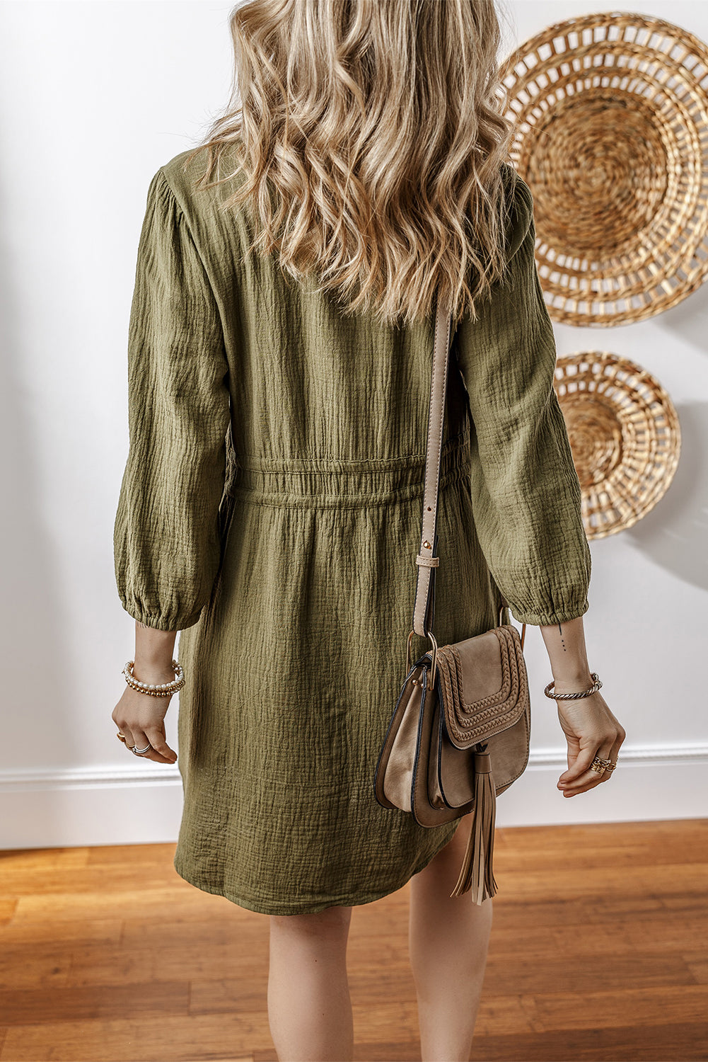 Jungle Green Textured Bracelet Sleeve Button Up Mini Dress