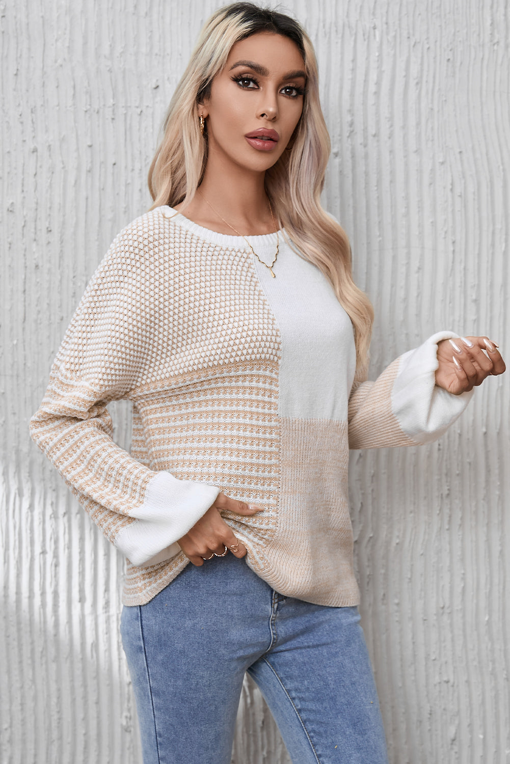 Oatmeal Mixed Pattern Knit Drop Shoulder Reversible Sweater