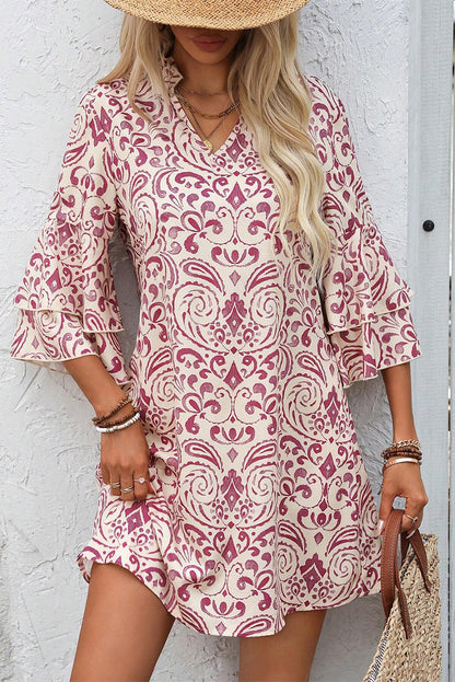 Pink Paisley Print Tiered 3/4 Sleeve Notched Neck Short Dress