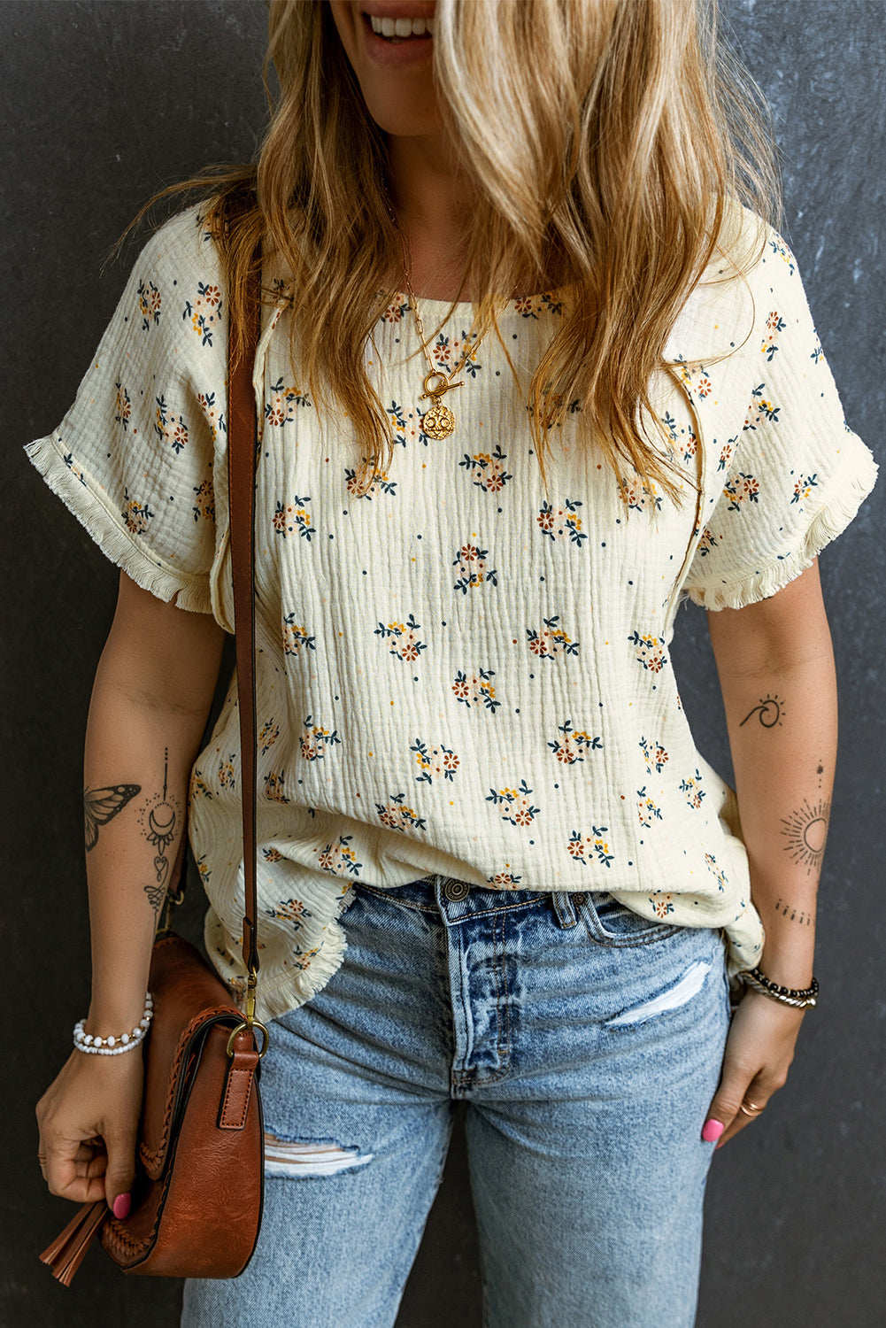 Beige Ditsy Floral Print Fringe Trim Crinkled Top