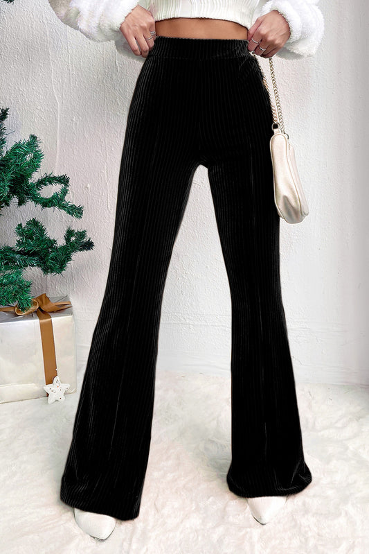 Black Solid Color High Waist Corduroy Flare Pants