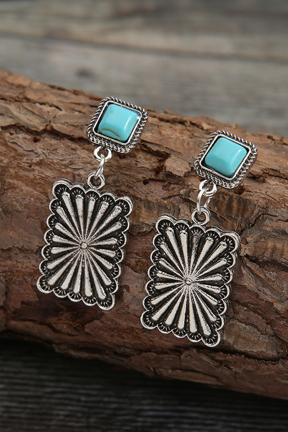 Silvery Retro Geometric Turquoise Dropping Earrings