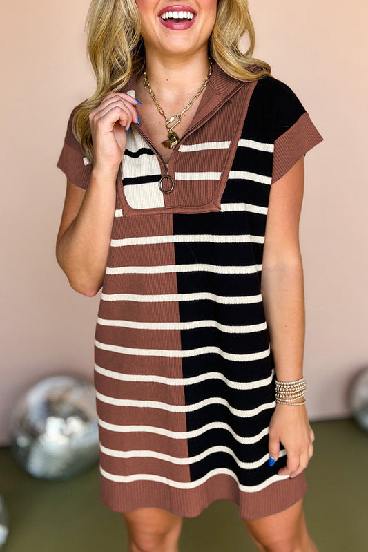 Black Stripe Color Block Short Sleeve Quarter Zip Mini Dress