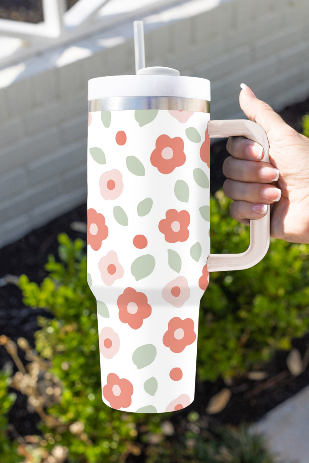 White 1200ml Floral Print Stainless Large Portable Cup