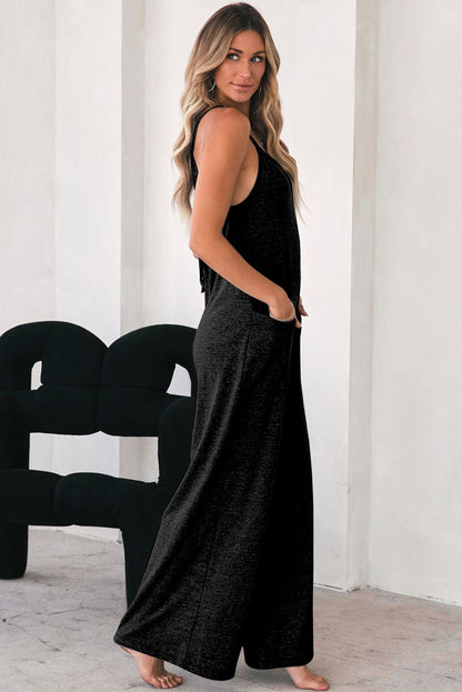 Black Loose Fit Side Pockets Spaghetti Strap Wide Leg Jumpsuit