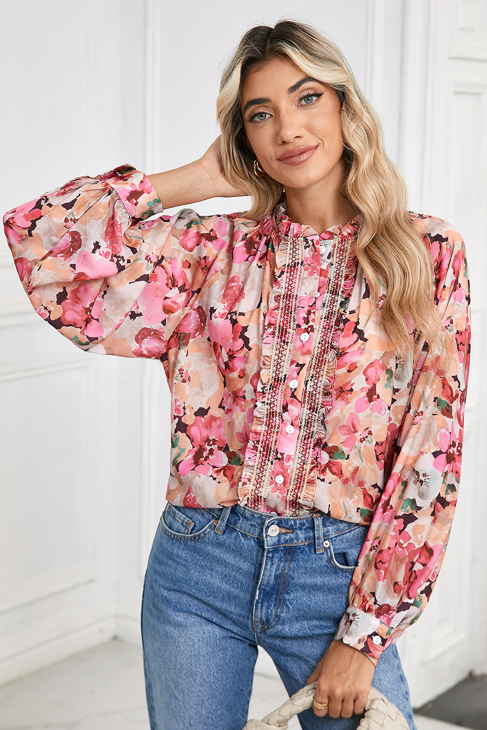 Red Floral Print Frill Stitch Buttoned Loose Fit Shirt