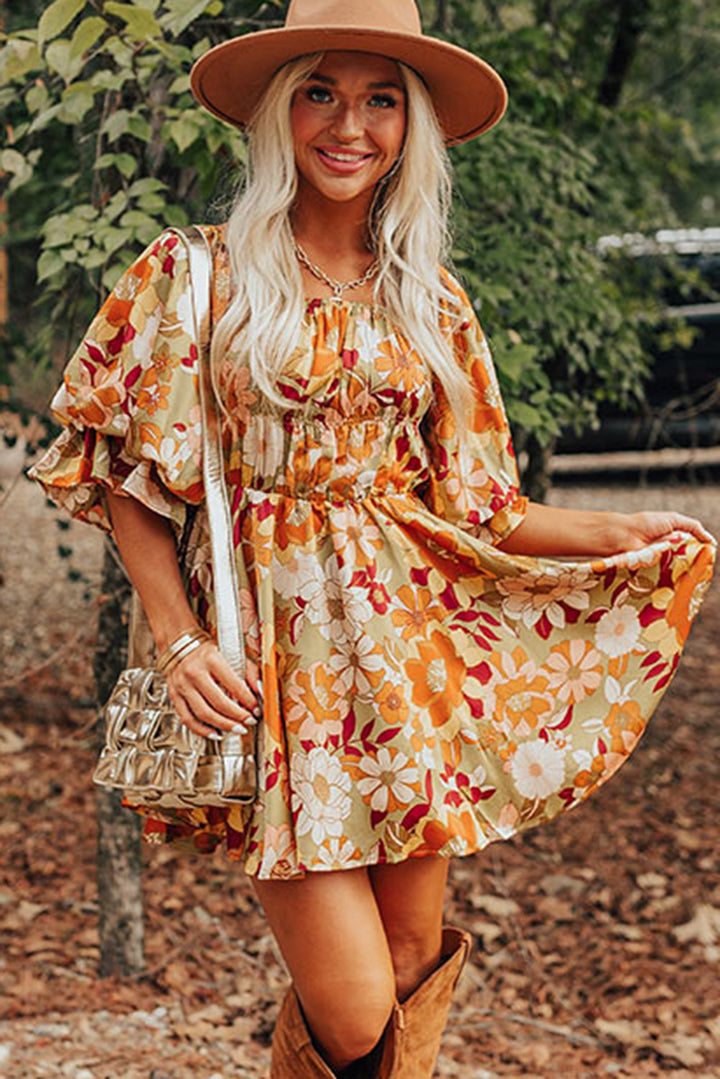 Multicolor Floral Printed Square Neck Half Sleeve Mini Dress