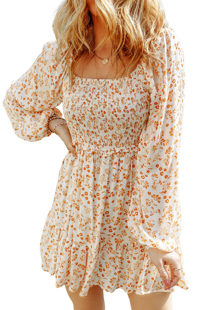 Apricot Boho Floral Smocked Puff Sleeve Short Dress