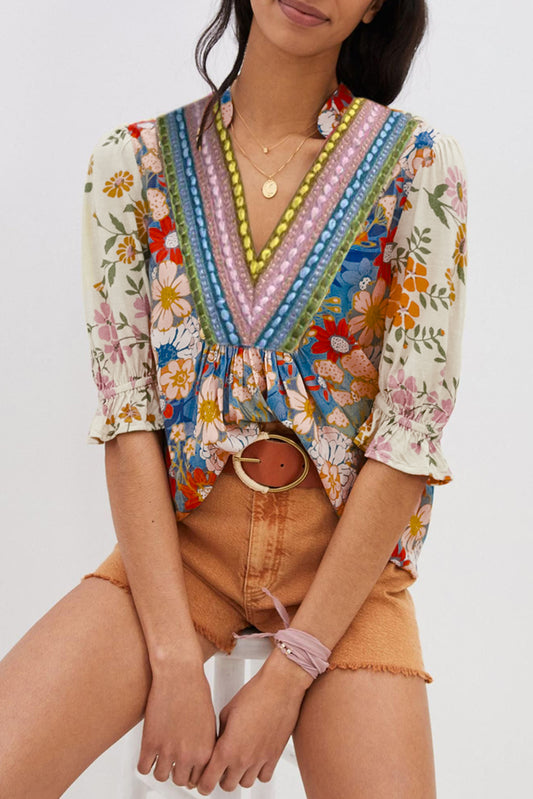 Multicolour V Neck Half Sleeve Boho Floral Blouse