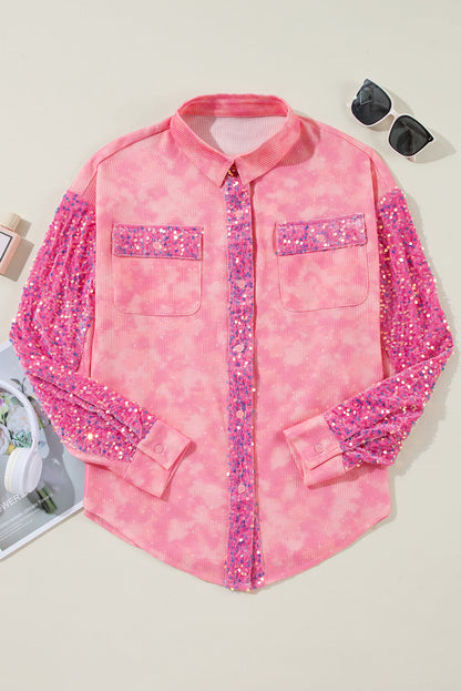 Pink Mineral Wash Sequin Patchwork Flap Pocket Shacket