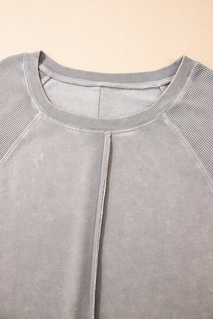 Mineral Blue Waffle Patchwork Raglan Sleeve Exposed Seam Sweatshirt