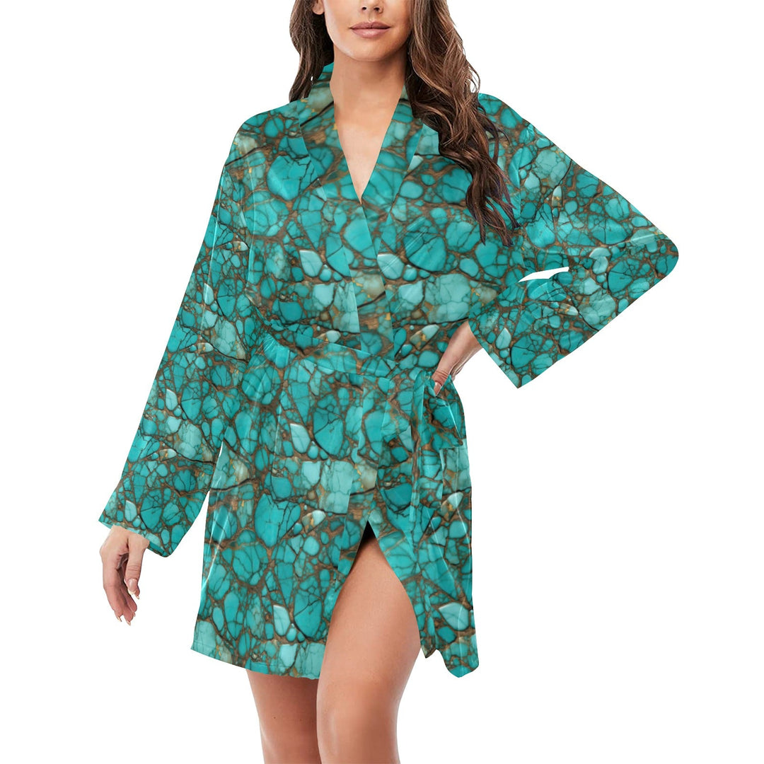 All Turquoise Women's Long Sleeve Belted Satin Feel Dressing Lounge Robe