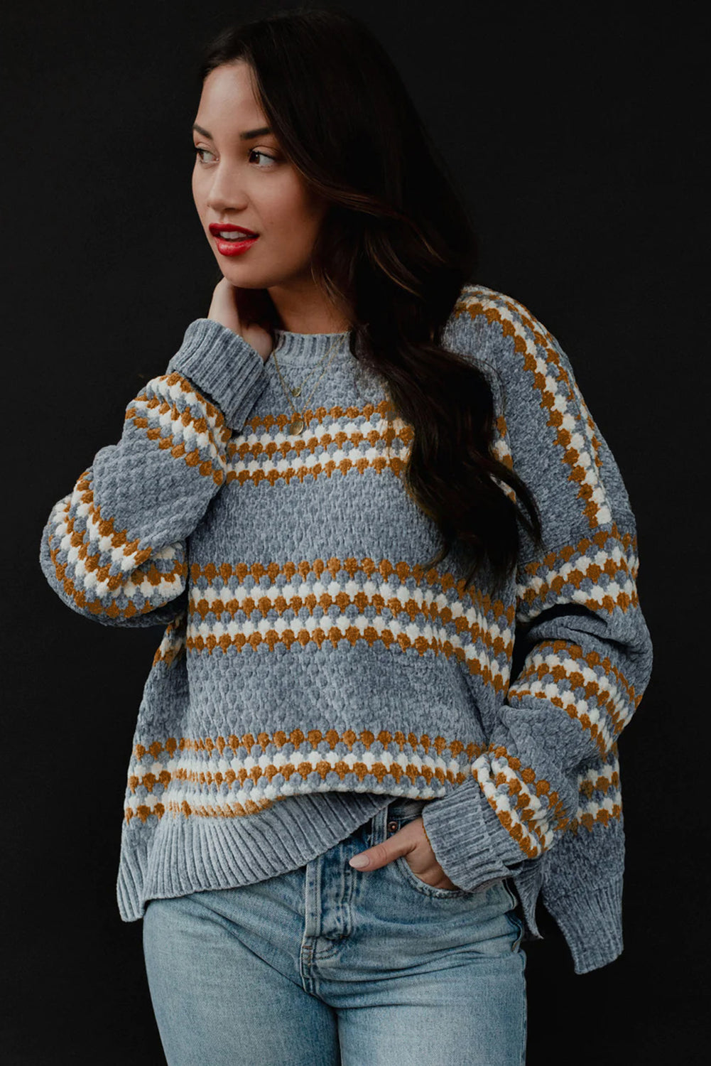 Striped High Low Hem Knitted Jacquard Sweater