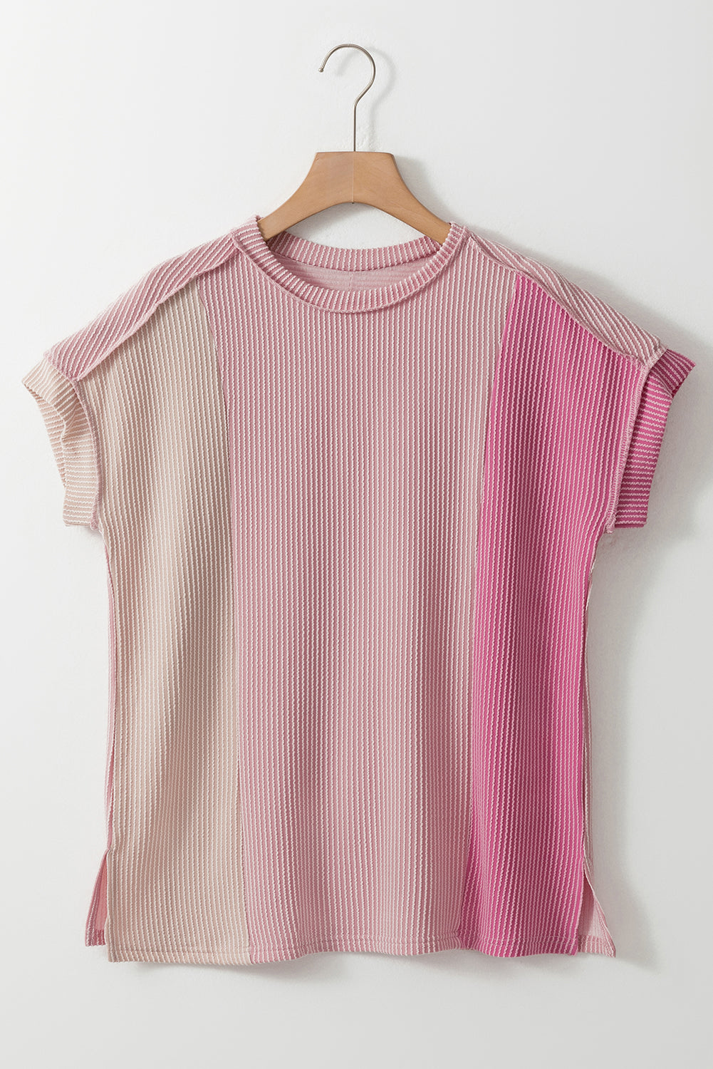 Apricot Pink Colorblock Ribbed Round Neck T Shirt