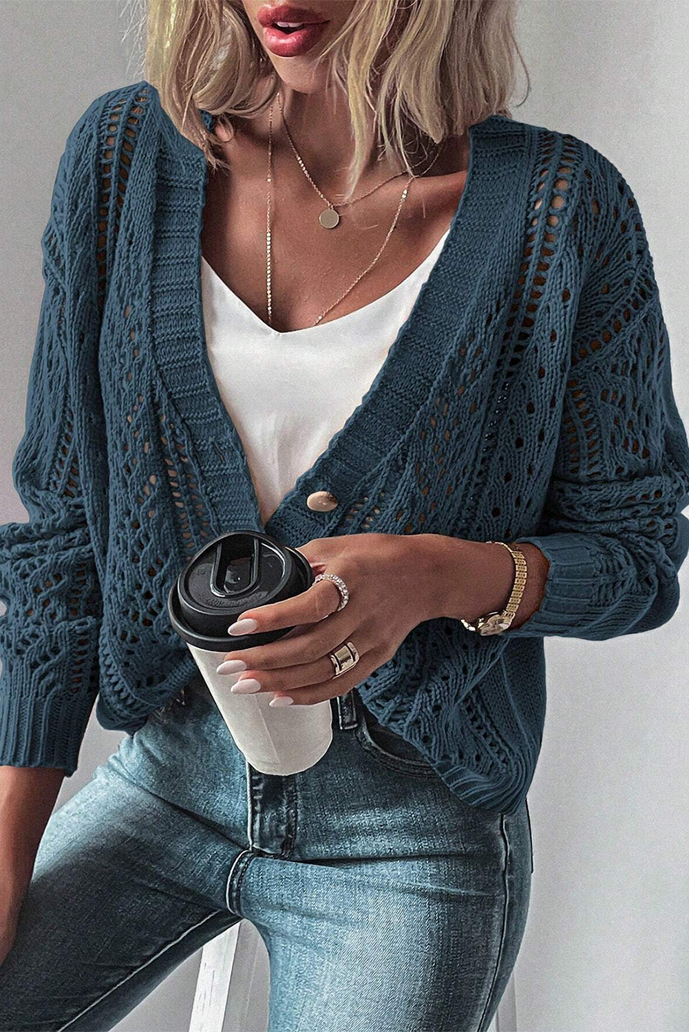 Dark Khaki Hollow Knit Drop Shoulder Cardigan