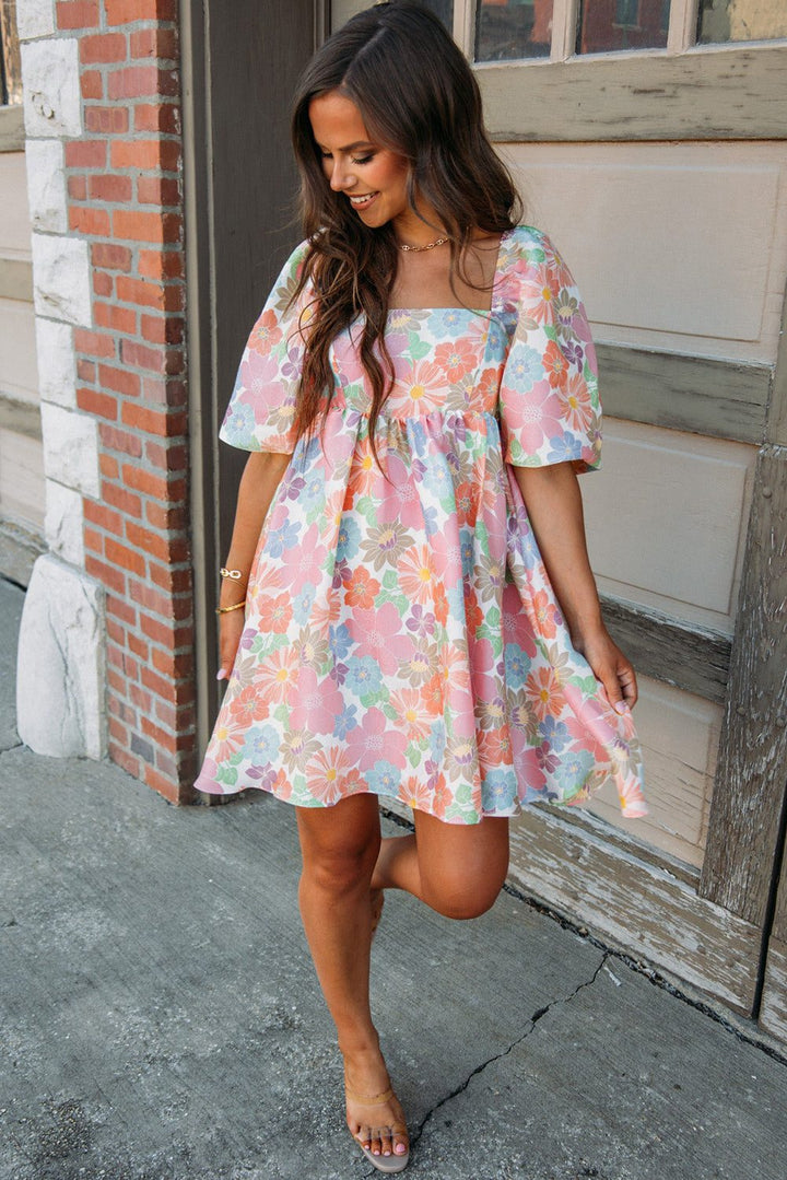 rose summer floral square neck puff sleeve babydoll dress