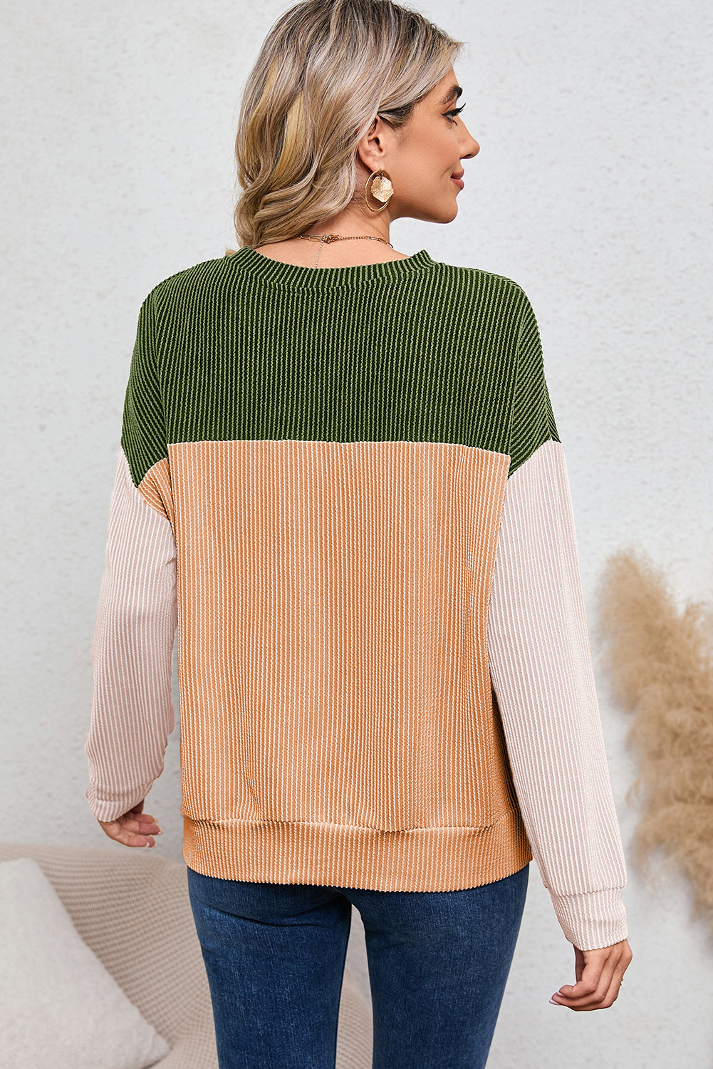 Khaki Color Block Ribbed Loose Long Sleeve Top