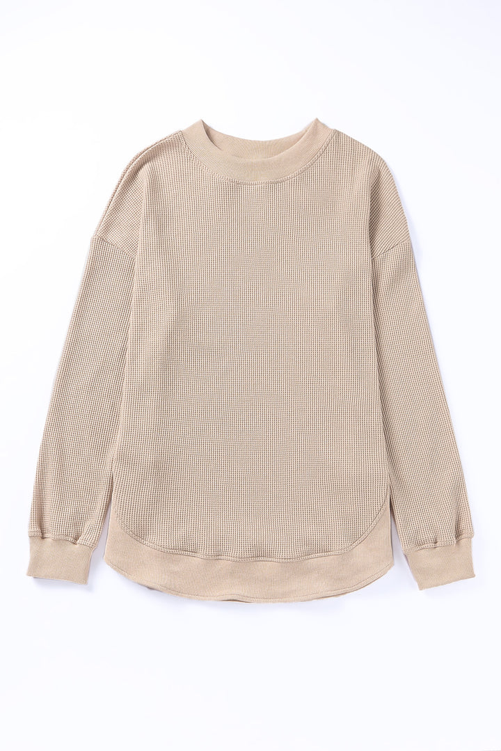 Apricot Crew Neck Ribbed Trim Waffle Knit Long Sleeve Top