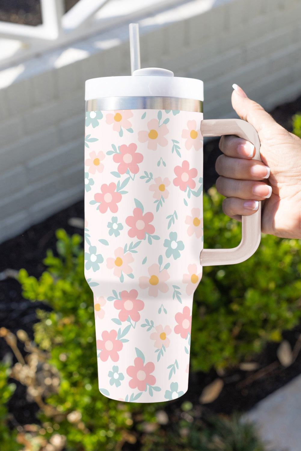 White Floral Pattern Stainless Vacuum Cup with Handle 1200ml