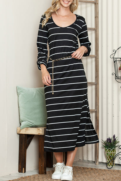 Brown Striped Casual Slit High Waist Midi Dress