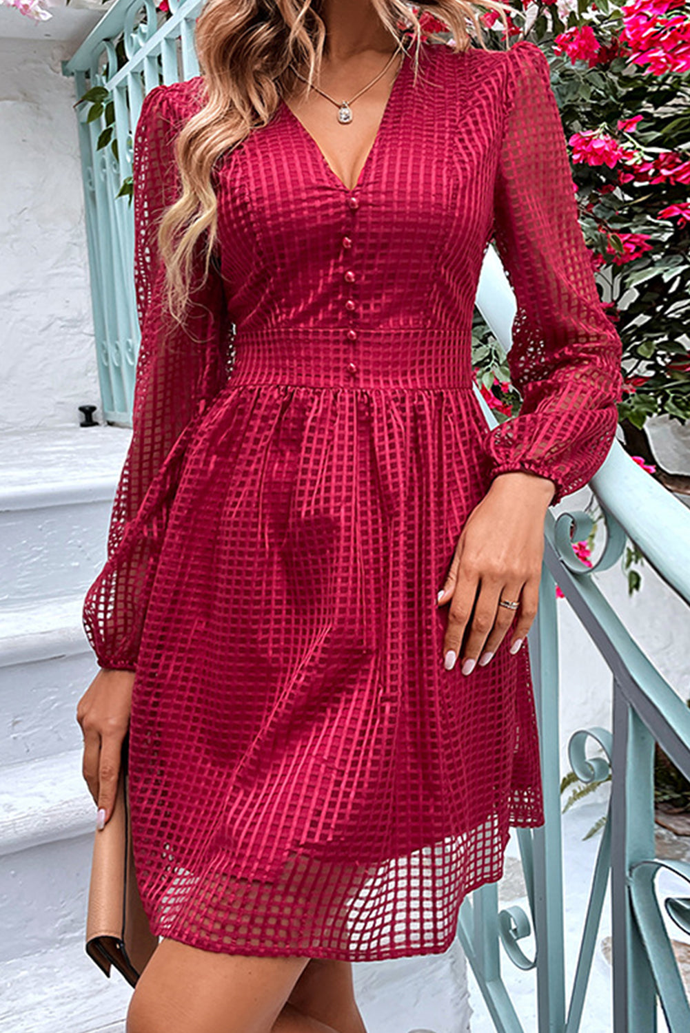 Racing Red Hollowed Out Long Sleeve V Neck Short Dress