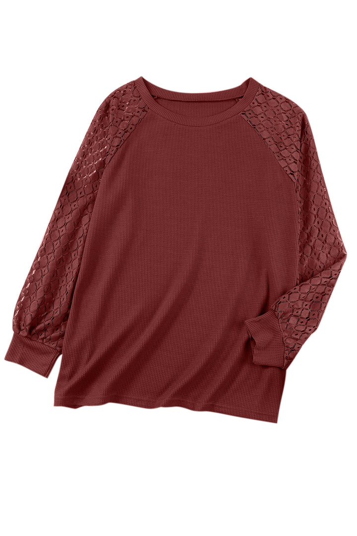 Red Contrast Lace Sleeve Waffle Knit Top